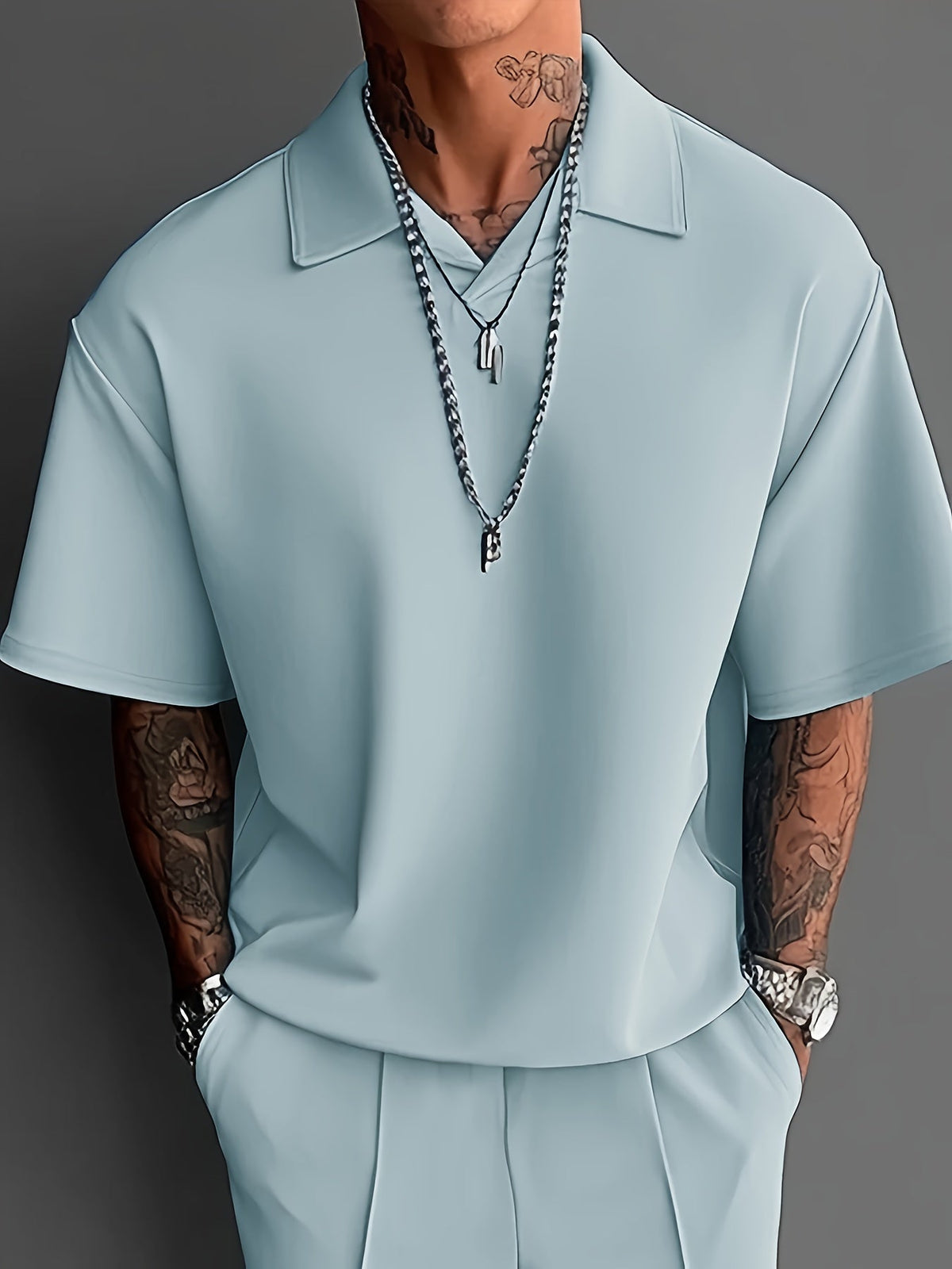 Men's 2 Piece Suit Set Relaxed Fit Collared Top Trousers