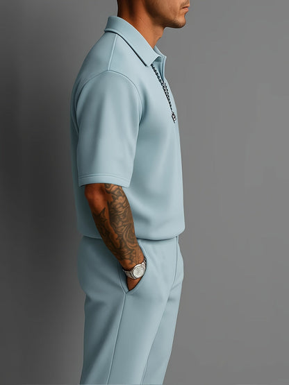 Men's 2 Piece Suit Set Relaxed Fit Collared Top Trousers