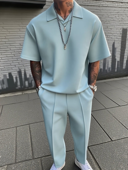 Men's 2 Piece Suit Set Relaxed Fit Collared Top Trousers