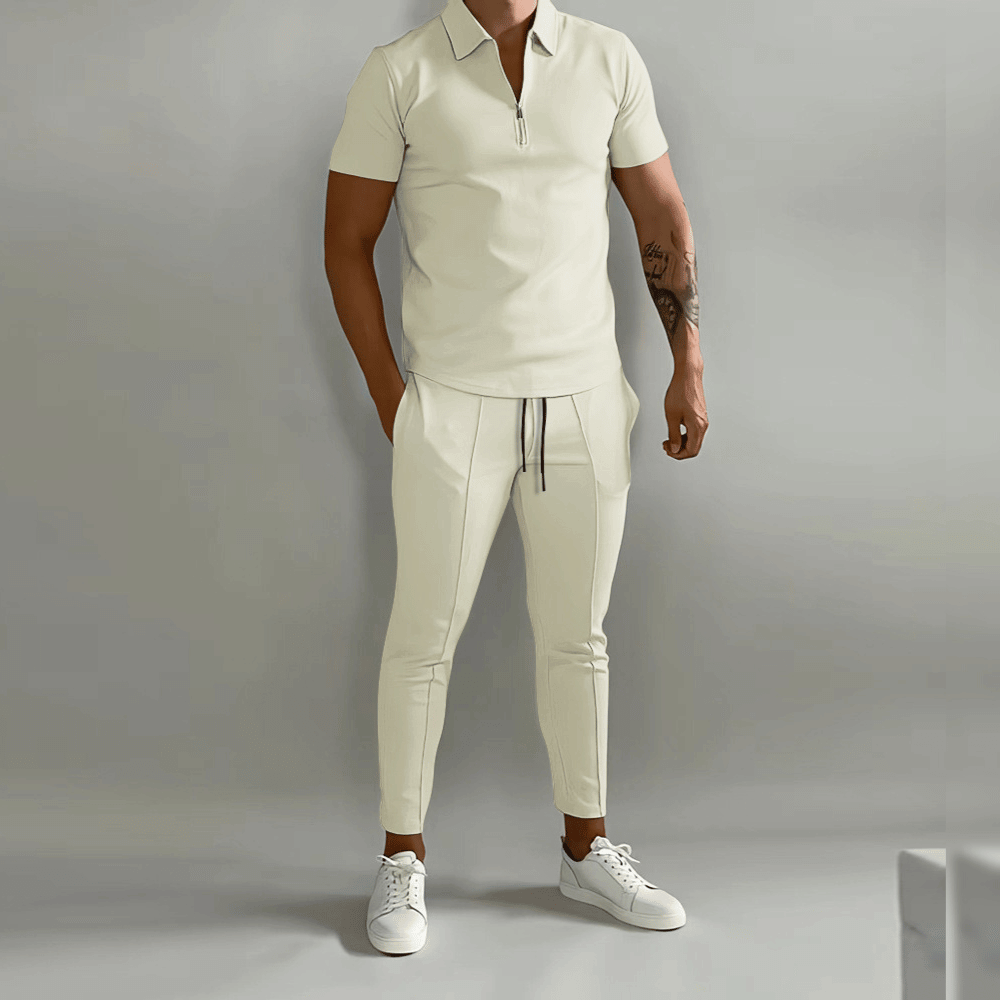 Men's 2 Piece Zip Neck Polo Set Matching Pants Outfit