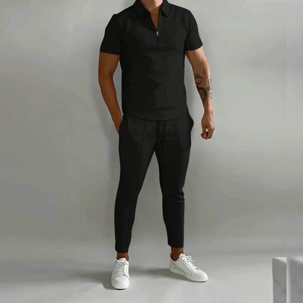 Men's 2 Piece Zip Neck Polo Set Matching Pants Outfit