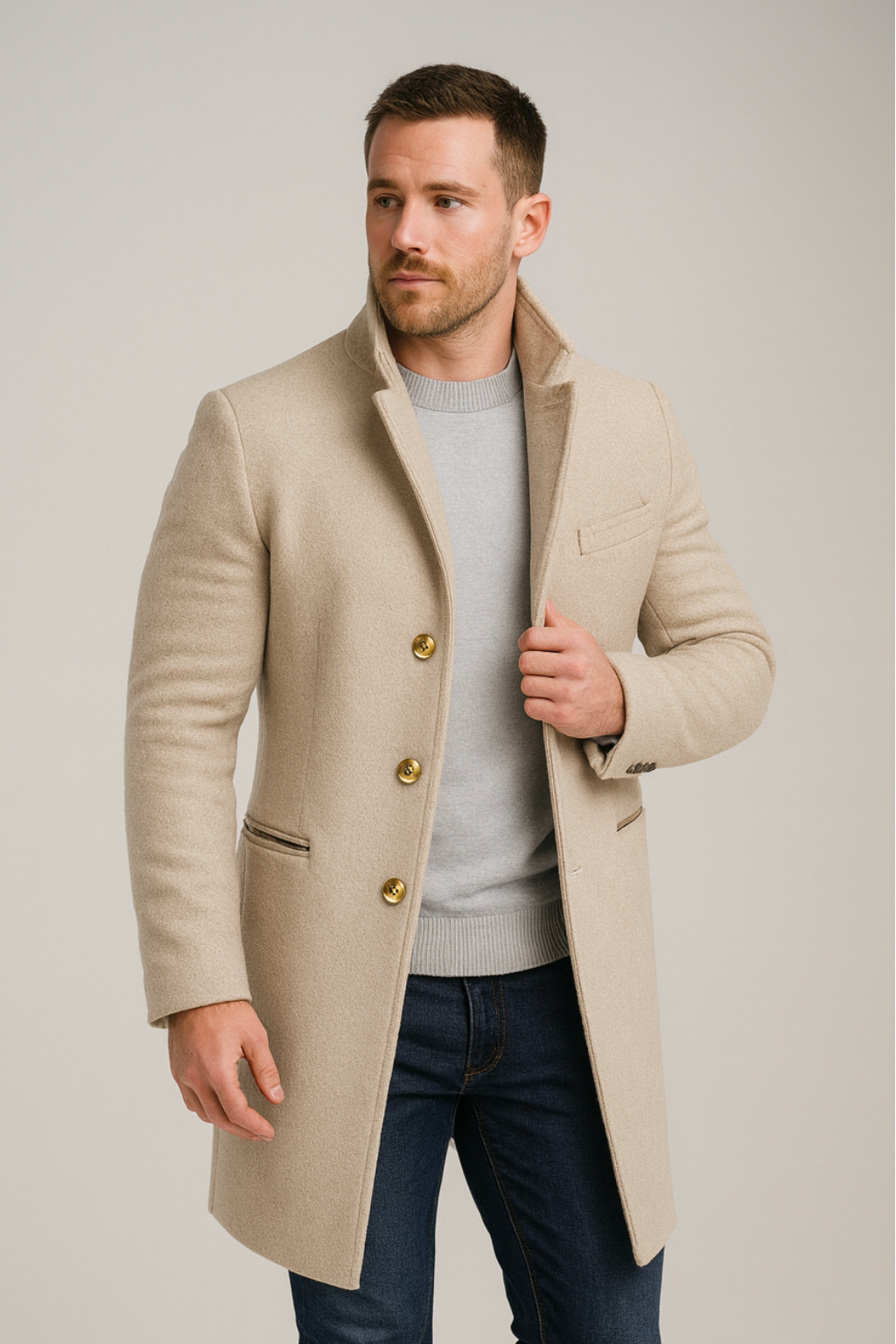 Men’s Black Long Coat with Gold Buttons - Ideal for Formal Events