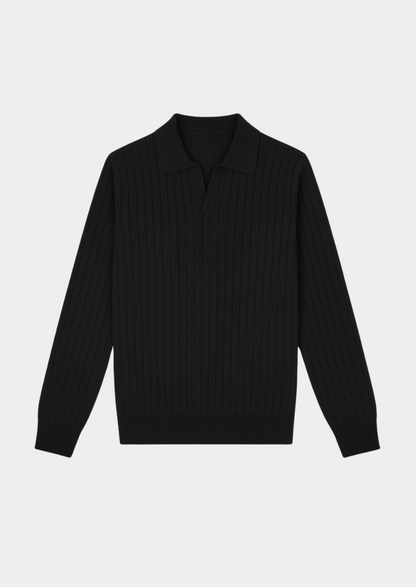Men's Black Ribbed Knit Polo Sweater for Smart Casual Wear
