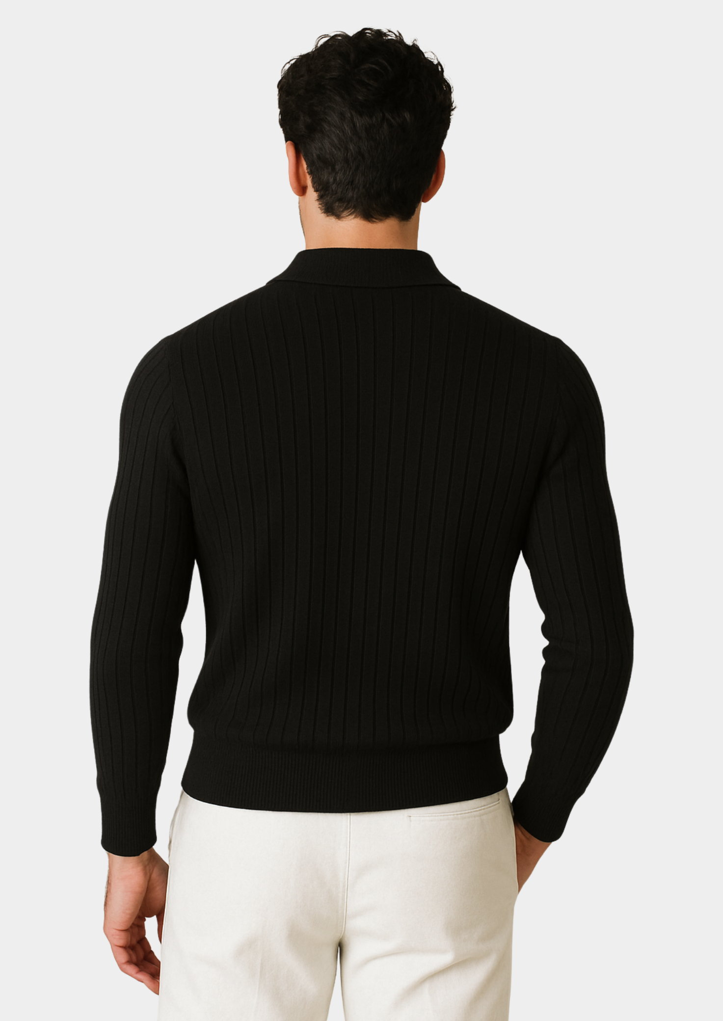 Men's Black Ribbed Knit Polo Sweater for Smart Casual Wear