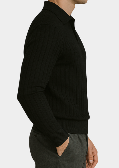 Men's Black Ribbed Knit Polo Sweater for Smart Casual Wear