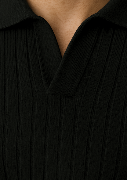 Men's Black Ribbed Knit Polo Sweater for Smart Casual Wear
