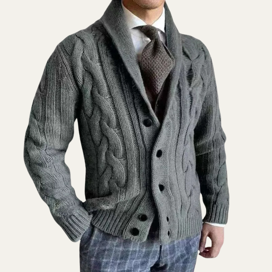 Men's Cable Knit Cardigan | Button Up Shawl Collar
