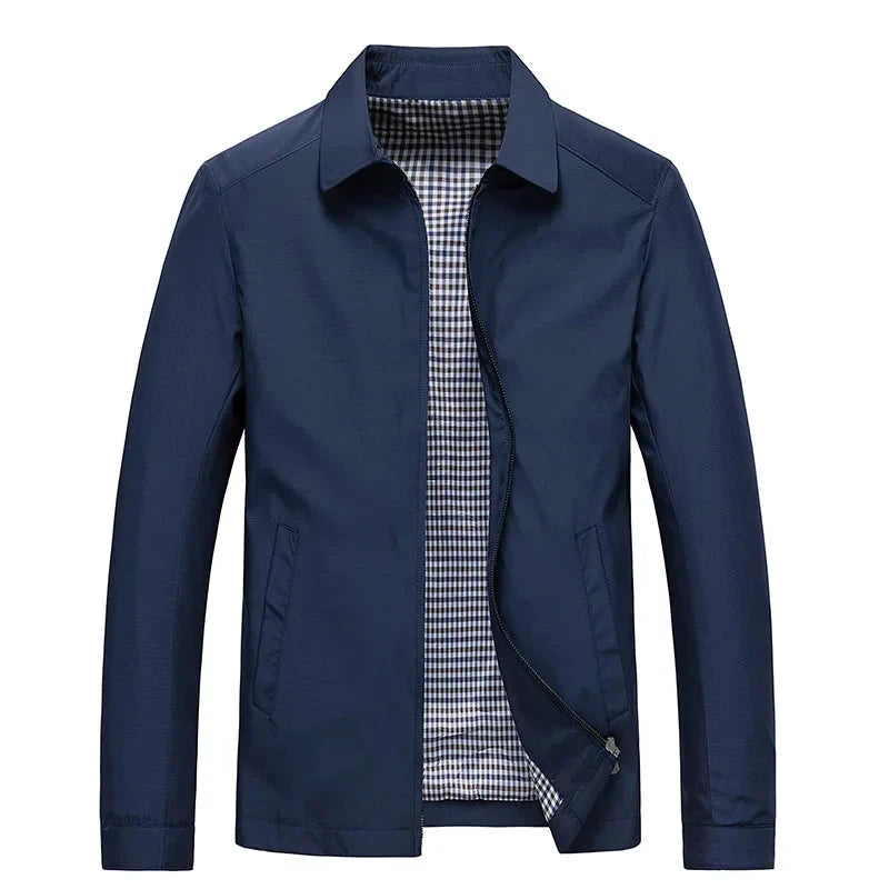 Men’s Classic Black Zip-Up Jacket with Checked Lining for Everyday Wear