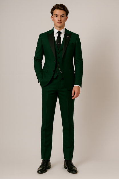 Men’s Dark Green Three-Piece Suit - Stylish Contrast Lapel for Formal Events