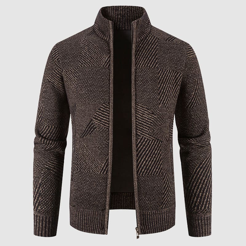 Men's Geometric Knit Zip Cardigan - Mock Neck Style for Smart Casual Wear