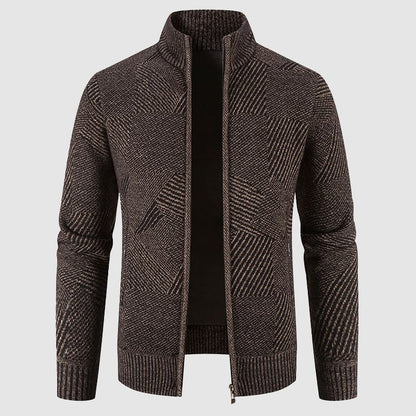 Men's Geometric Knit Zip Cardigan - Mock Neck Style for Smart Casual Wear