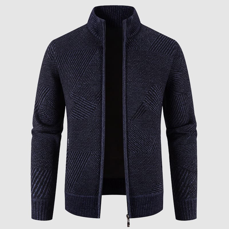 Men's Geometric Knit Zip Cardigan - Mock Neck Style for Smart Casual Wear