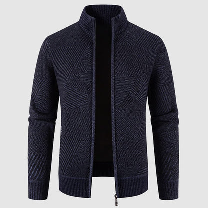 Men's Geometric Knit Zip Cardigan - Mock Neck Style for Smart Casual Wear