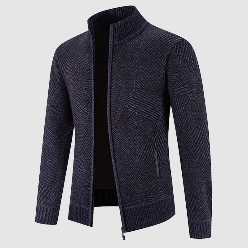 Men's Geometric Knit Zip Cardigan - Mock Neck Style for Smart Casual Wear