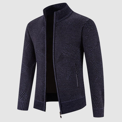 Men's Geometric Knit Zip Cardigan - Mock Neck Style for Smart Casual Wear