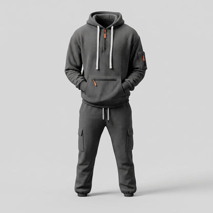 Men's Half-Zip Hooded Tracksuit Set Cargo Pockets Relaxed Fit