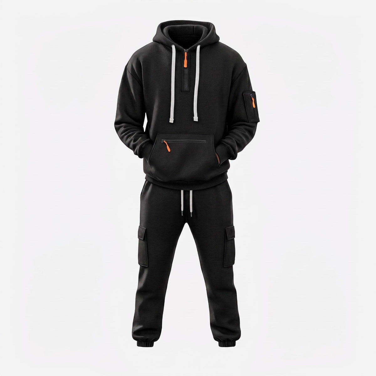 Men's Half-Zip Hooded Tracksuit Set Cargo Pockets Relaxed Fit