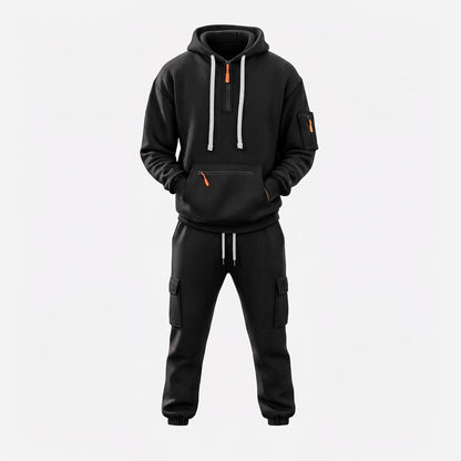 Men's Half-Zip Hooded Tracksuit Set Cargo Pockets Relaxed Fit