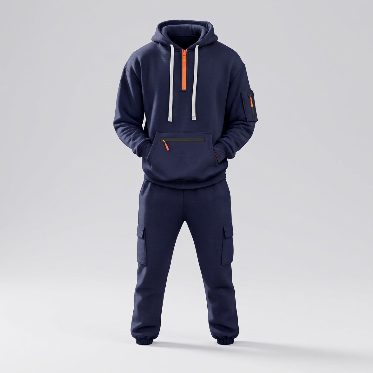 Men's Half-Zip Hooded Tracksuit Set Cargo Pockets Relaxed Fit