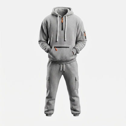 Men's Half-Zip Hooded Tracksuit Set Cargo Pockets Relaxed Fit