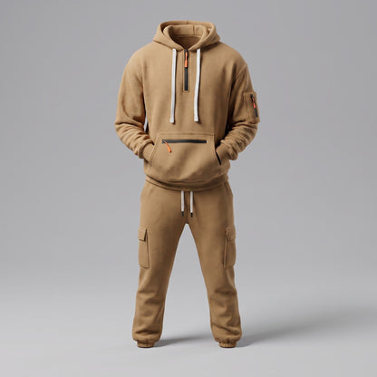 Men's Half-Zip Hooded Tracksuit Set Cargo Pockets Relaxed Fit