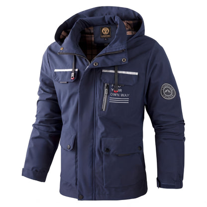 Men's Hooded Jacket Multiple Pockets Adjustable Hood