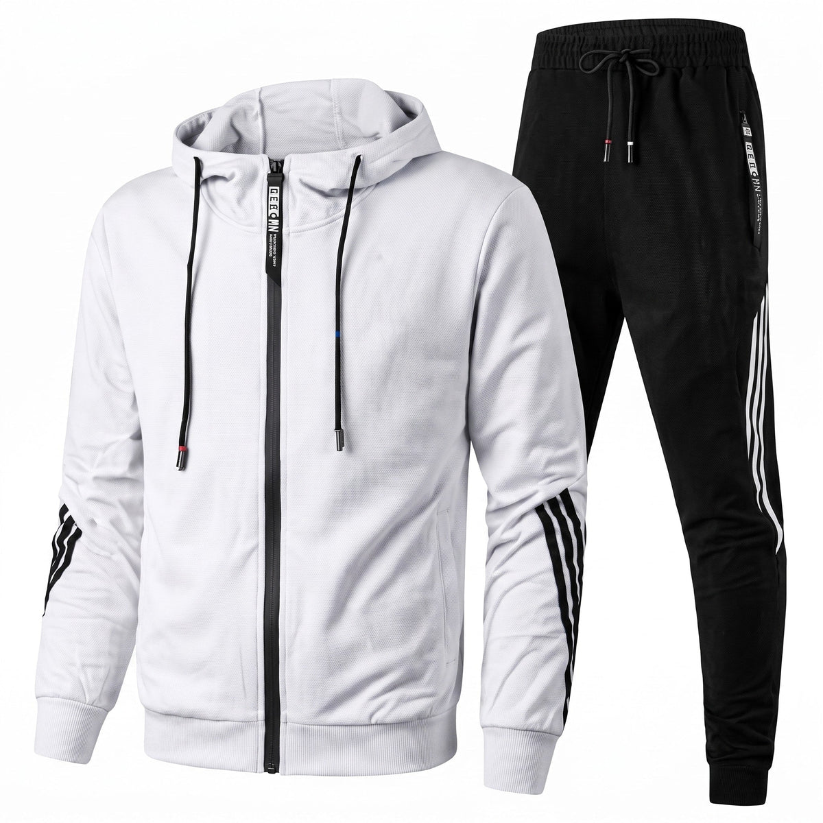 Men's Hooded Tracksuit Zip-Up Striped Jogger Set Relaxed Fit