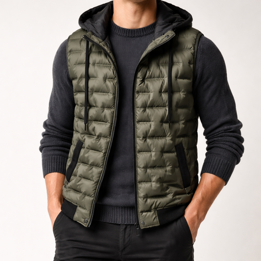 Men's Hooded Vest Wind Resistant Quilted Warm Layer