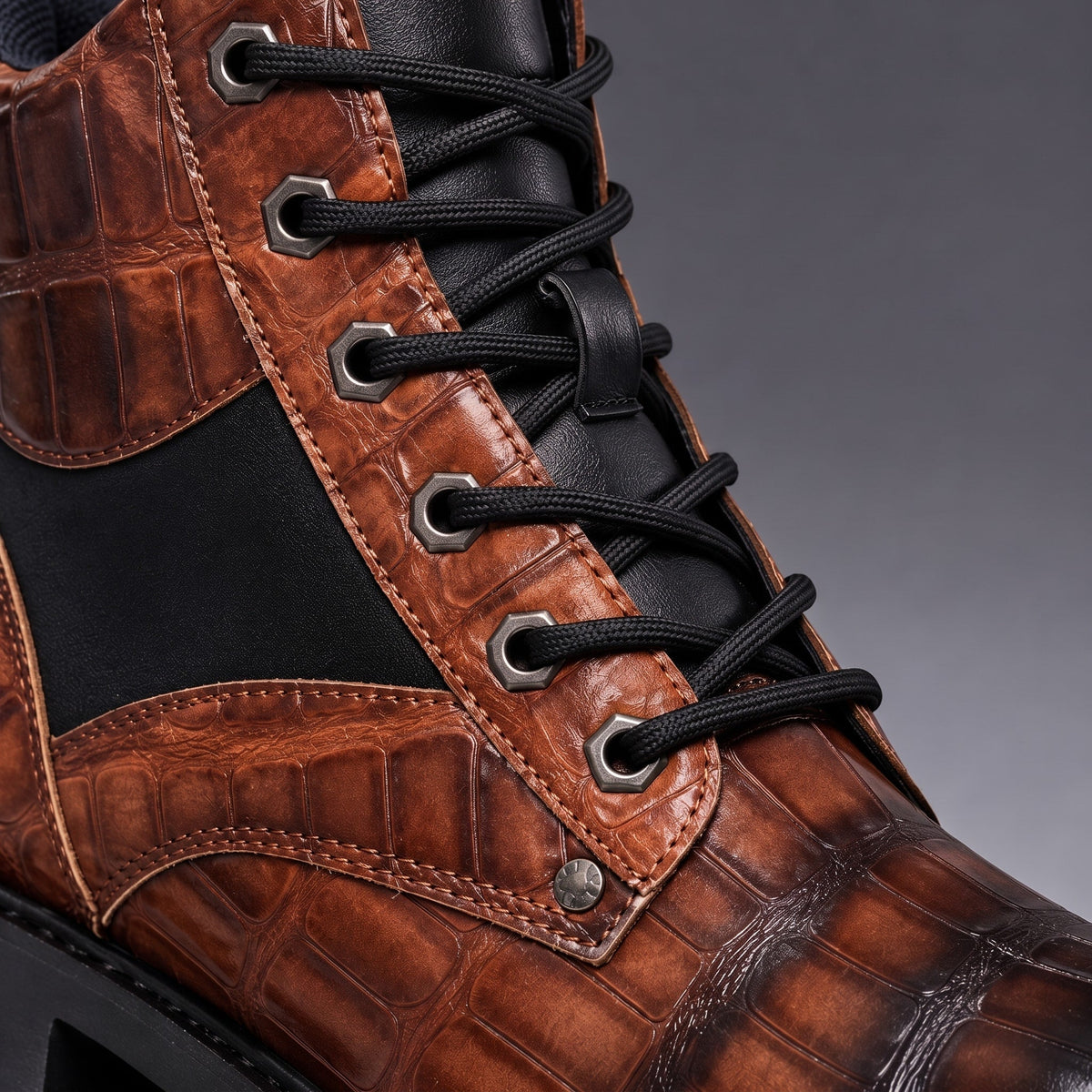 Men's Lace-Up Ankle Boots Croc-Embossed Chunky Sole