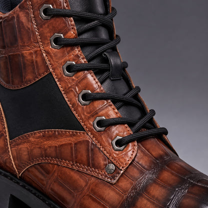 Men's Lace-Up Ankle Boots Croc-Embossed Chunky Sole