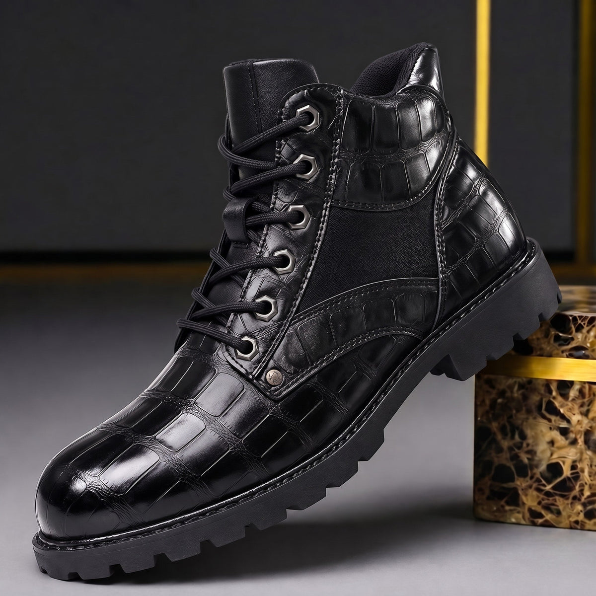 Men's Lace-Up Ankle Boots Croc-Embossed Chunky Sole