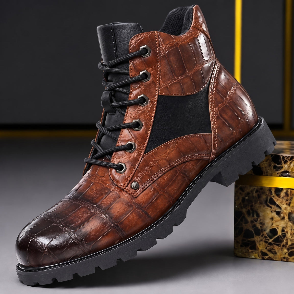 Men's Lace-Up Ankle Boots Croc-Embossed Chunky Sole