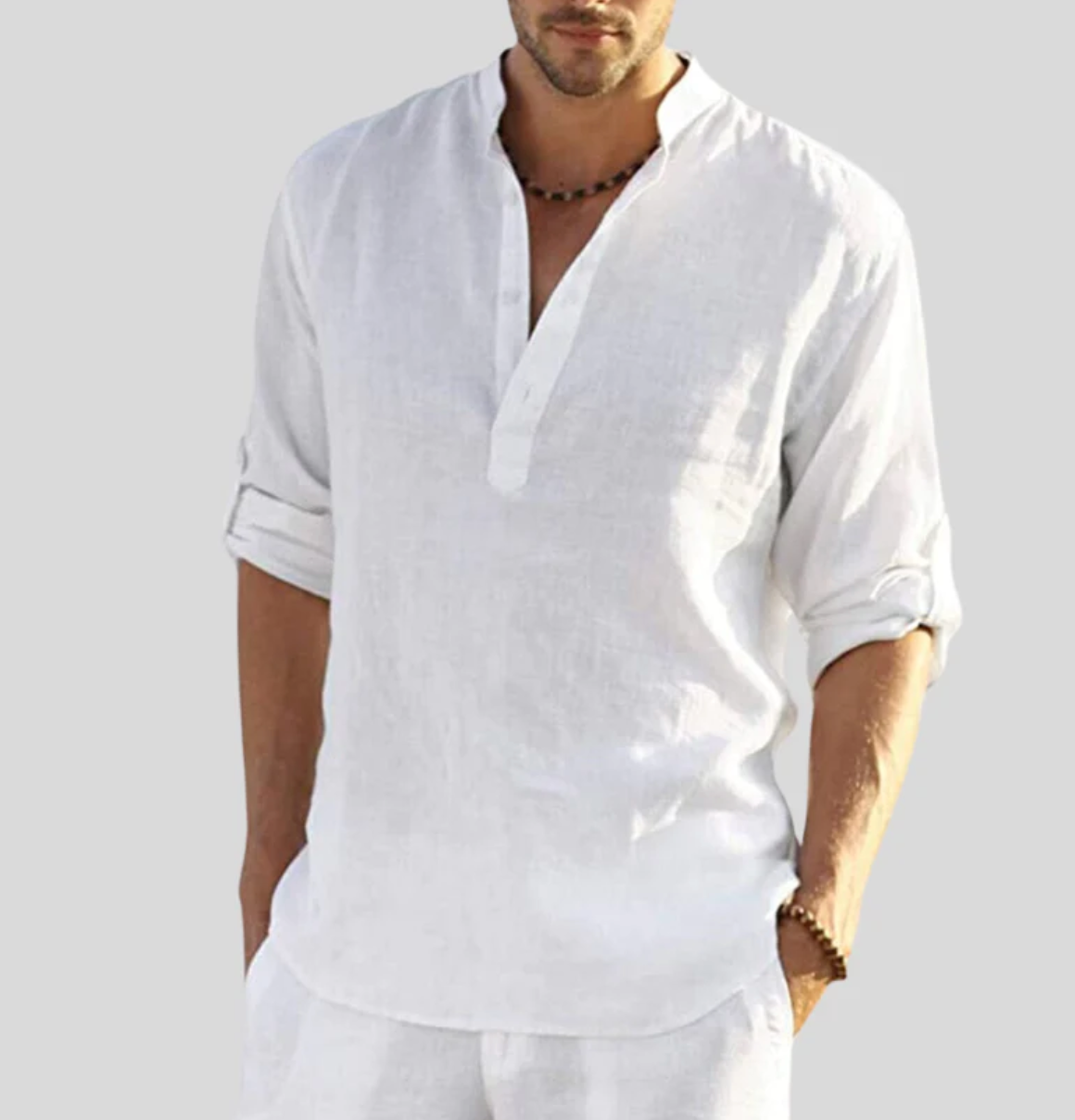 Men’s Linen Summer Shirt - V-Neck with Button Placket for Beach and Casual Outings