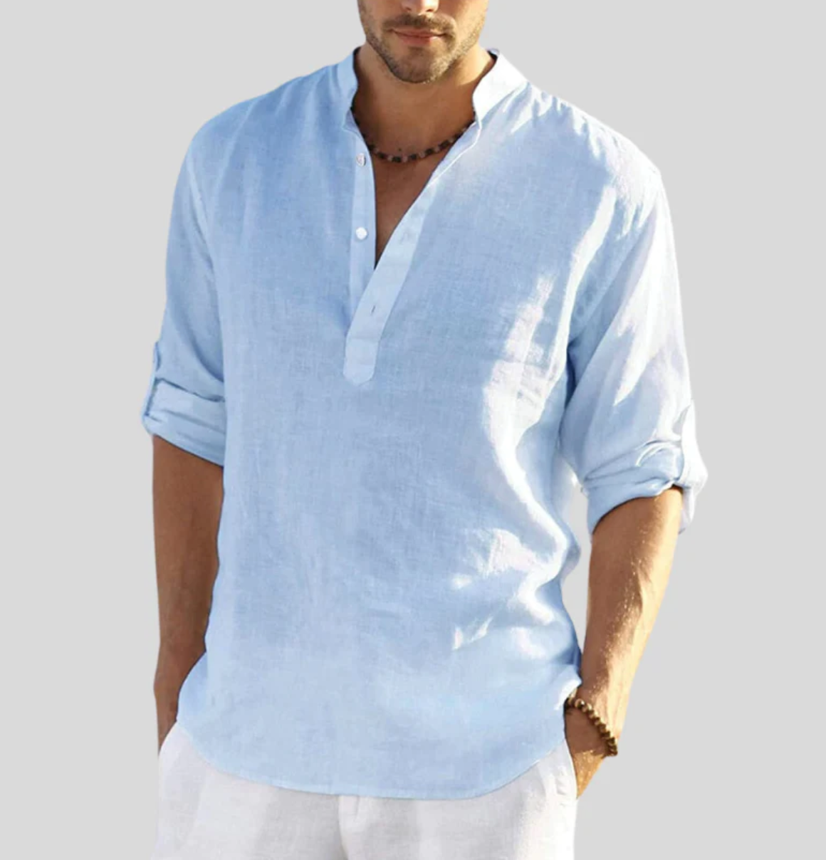 Men’s Linen Summer Shirt - V-Neck with Button Placket for Beach and Casual Outings