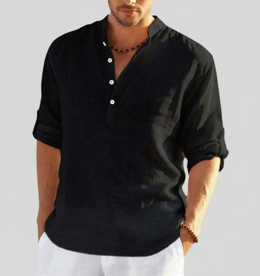 Men’s Linen Summer Shirt - V-Neck with Button Placket for Beach and Casual Outings