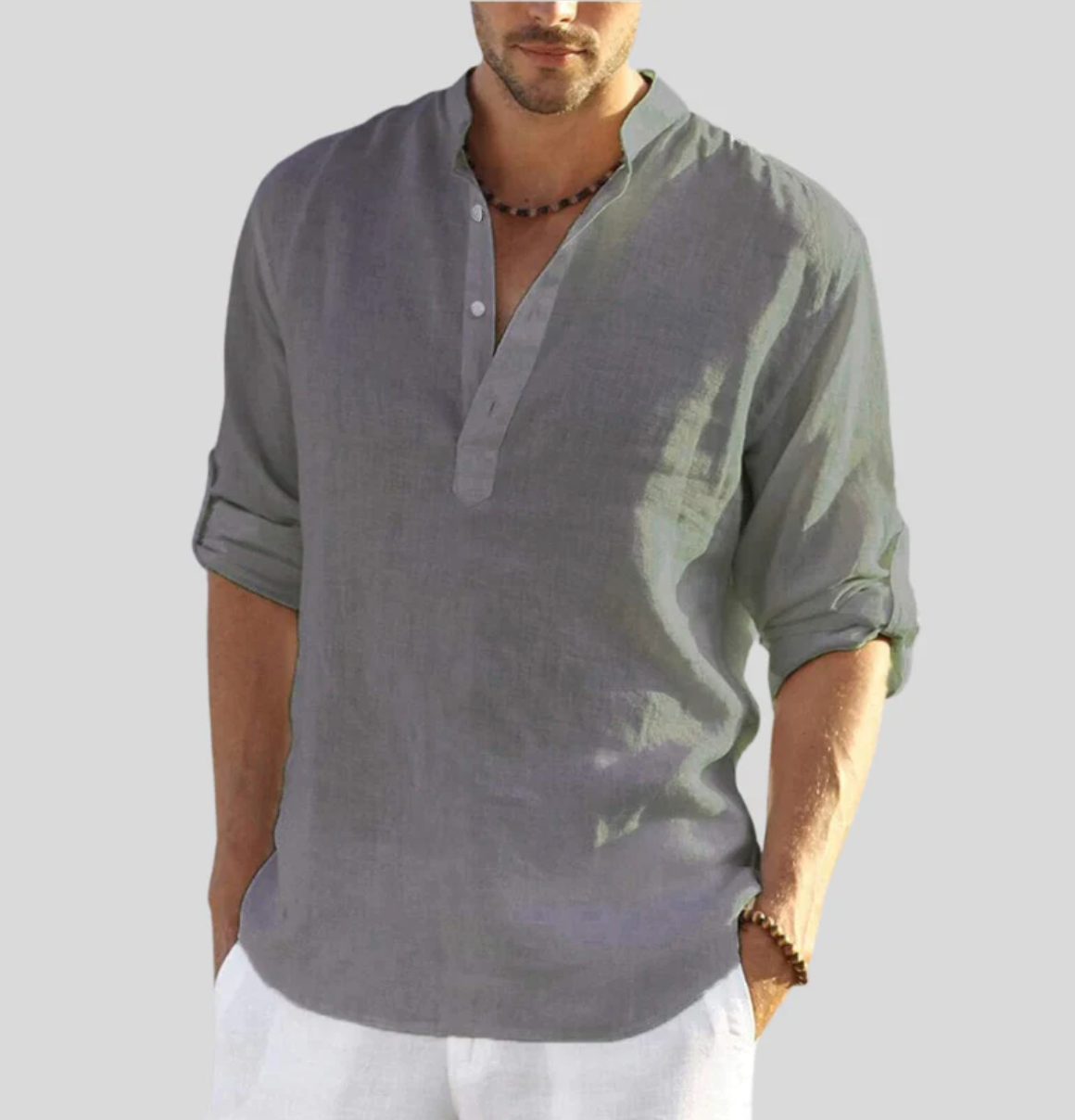 Men’s Linen Summer Shirt - V-Neck with Button Placket for Beach and Casual Outings