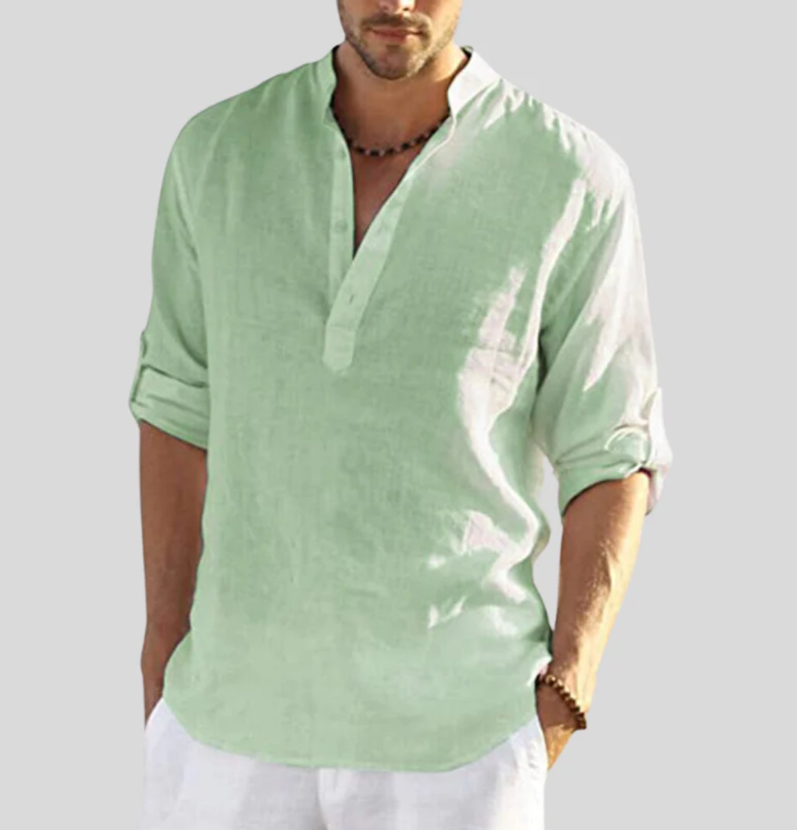 Men’s Linen Summer Shirt - V-Neck with Button Placket for Beach and Casual Outings