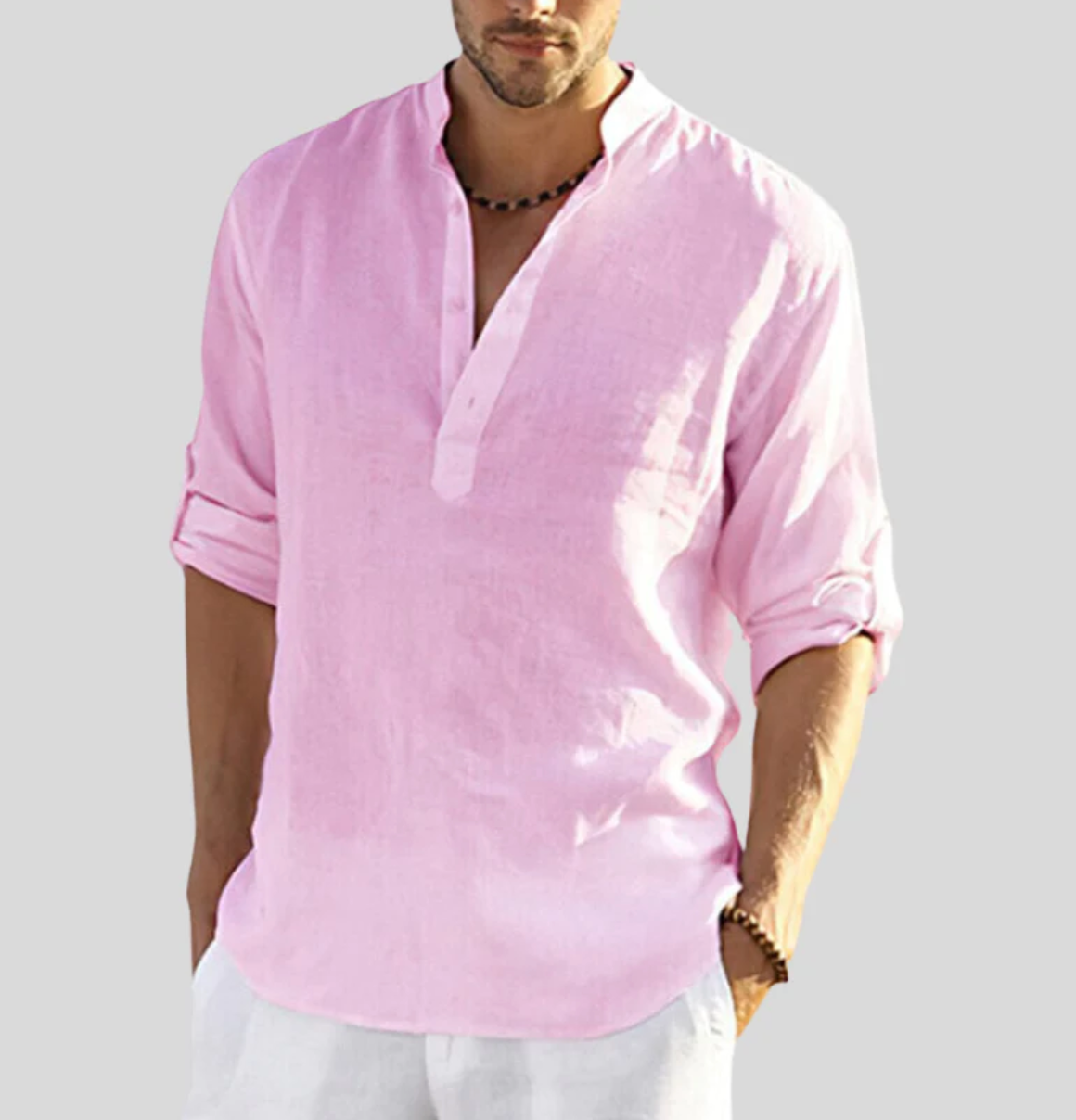 Men’s Linen Summer Shirt - V-Neck with Button Placket for Beach and Casual Outings
