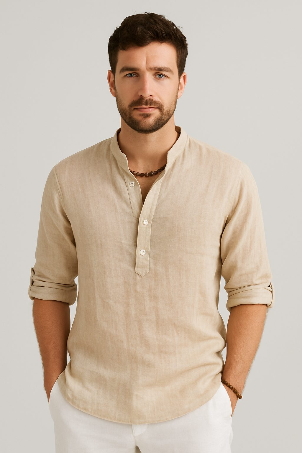 Men’s Linen Summer Shirt - V-Neck with Button Placket for Beach and Casual Outings