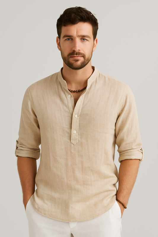 Men’s Linen Summer Shirt - V-Neck with Button Placket for Beach and Casual Outings