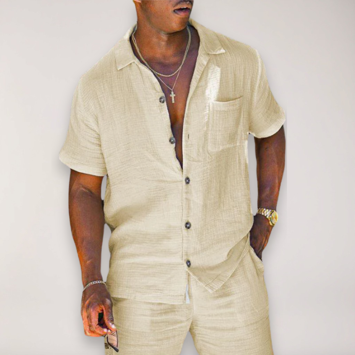 Men’s Linen Summer Ensemble – Short Sleeve Shirt & Shorts for Warm Weather Wear