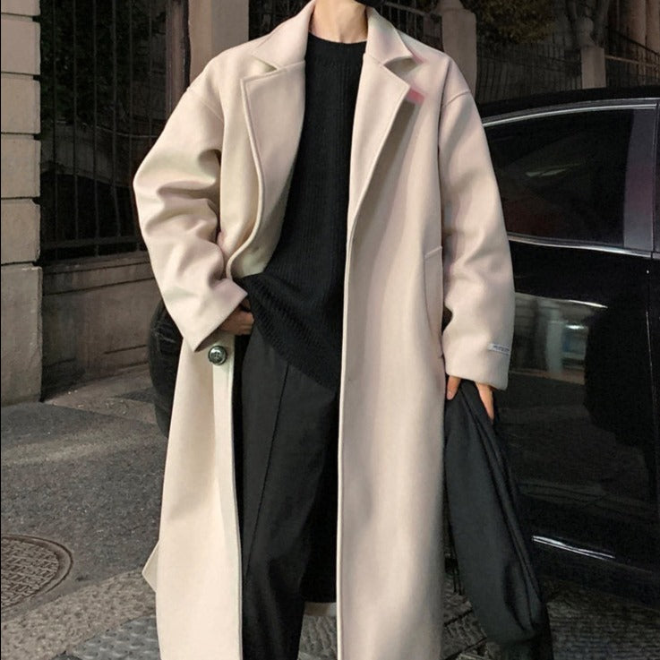 Men's Long Belted Overcoat – Classic Wool Design for Formal Occasions