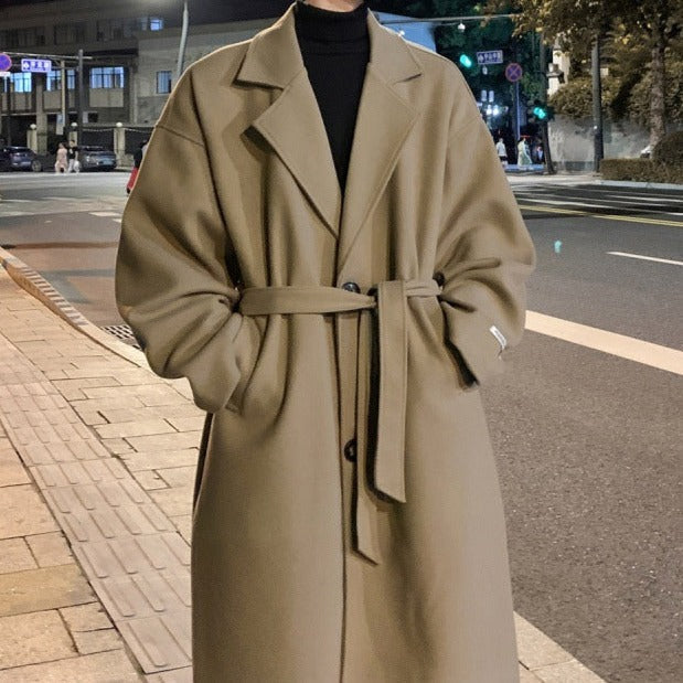 Men's Long Belted Overcoat – Classic Wool Design for Formal Occasions