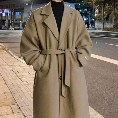 Men's Long Belted Overcoat – Classic Wool Design for Formal Occasions