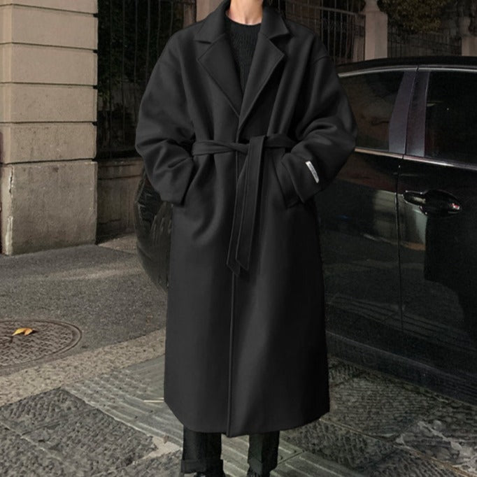 Men's Long Belted Overcoat – Classic Wool Design for Formal Occasions