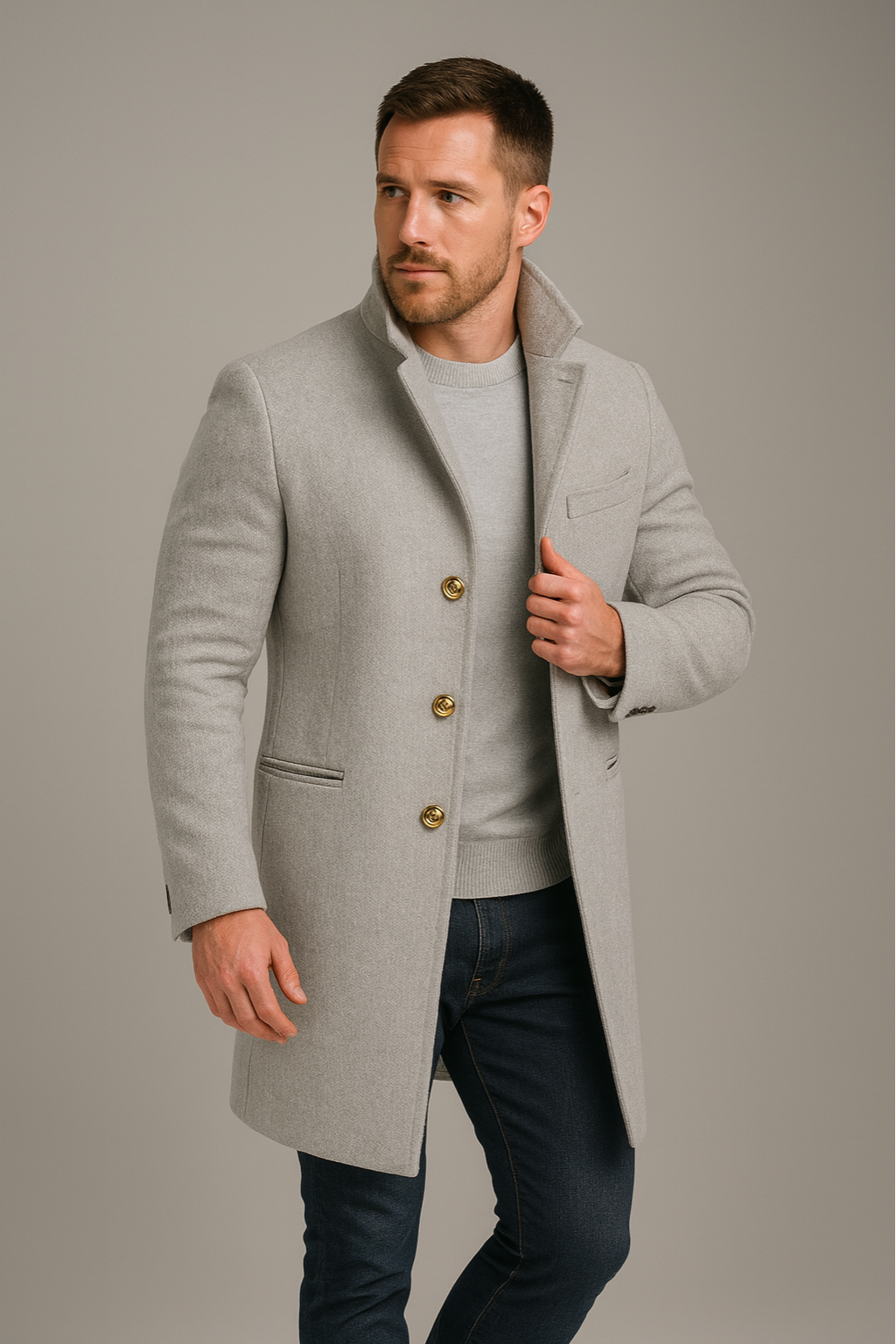 Men’s Black Long Coat with Gold Buttons - Ideal for Formal Events