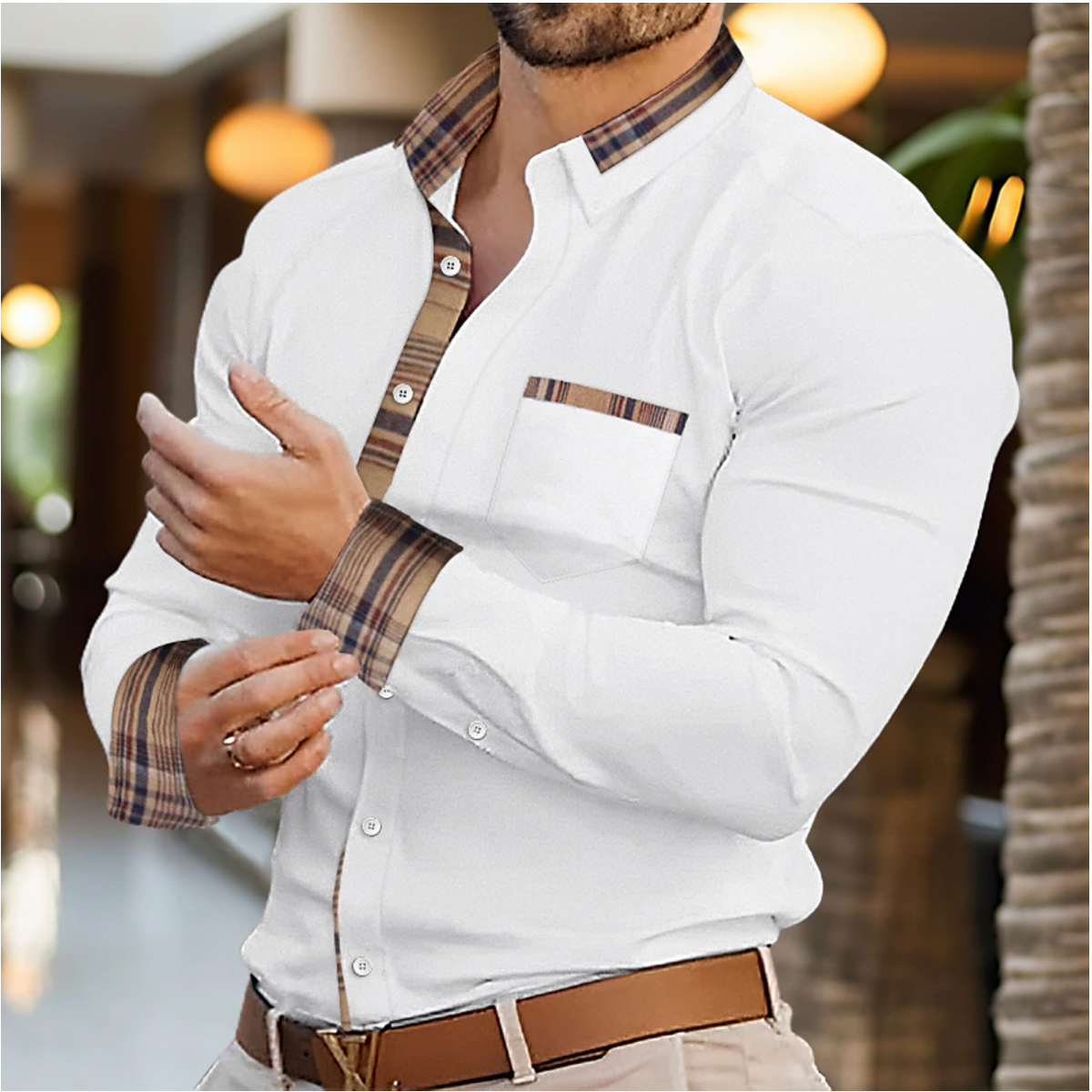 Men's Long Sleeve Polo | Plaid Trim Tailored Shirt