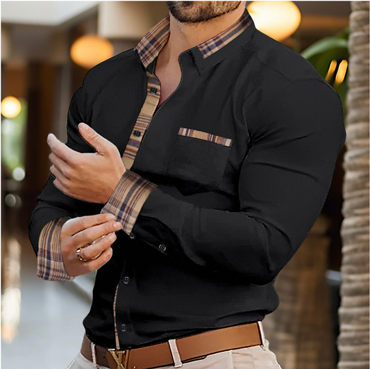 Men's Long Sleeve Polo | Plaid Trim Tailored Shirt