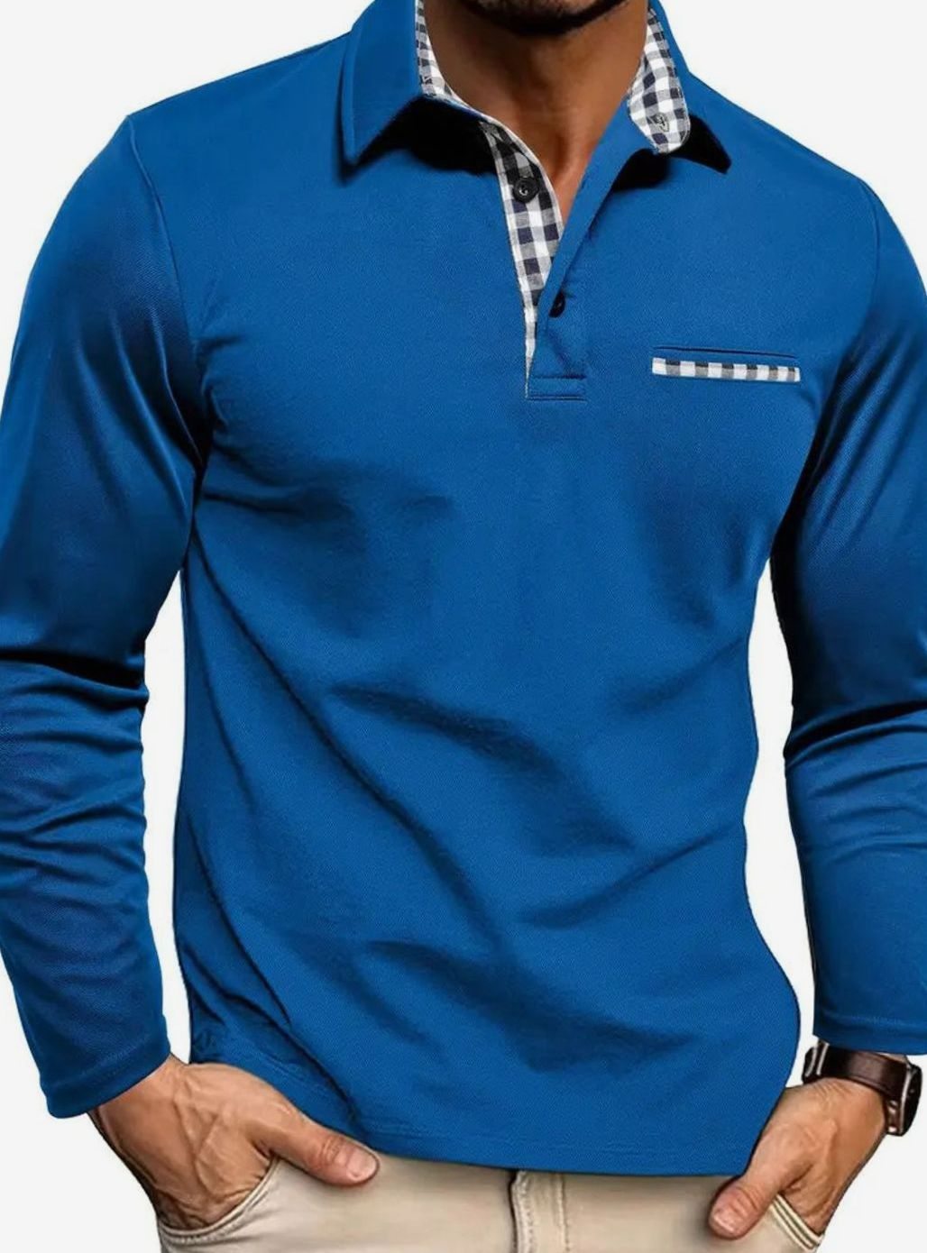 Men's Long Sleeve Polo Shirt | Plaid Collar Design