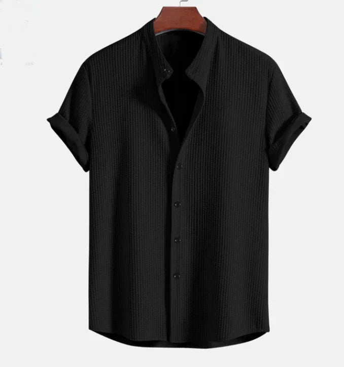 Men's Mandarin Collar Short Sleeve Shirt for Everyday Wear